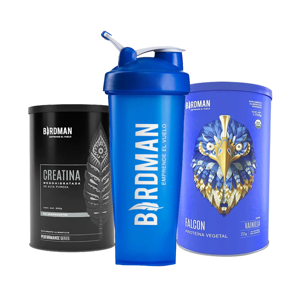 Birdman Pack- Creatina (450g), Proteína Falcón de vainilla (1,170 kg) y una botella para tu proteína