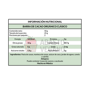 Barra de cacao orgánico CLÁSICO 72%  48g - Amo Cacao
